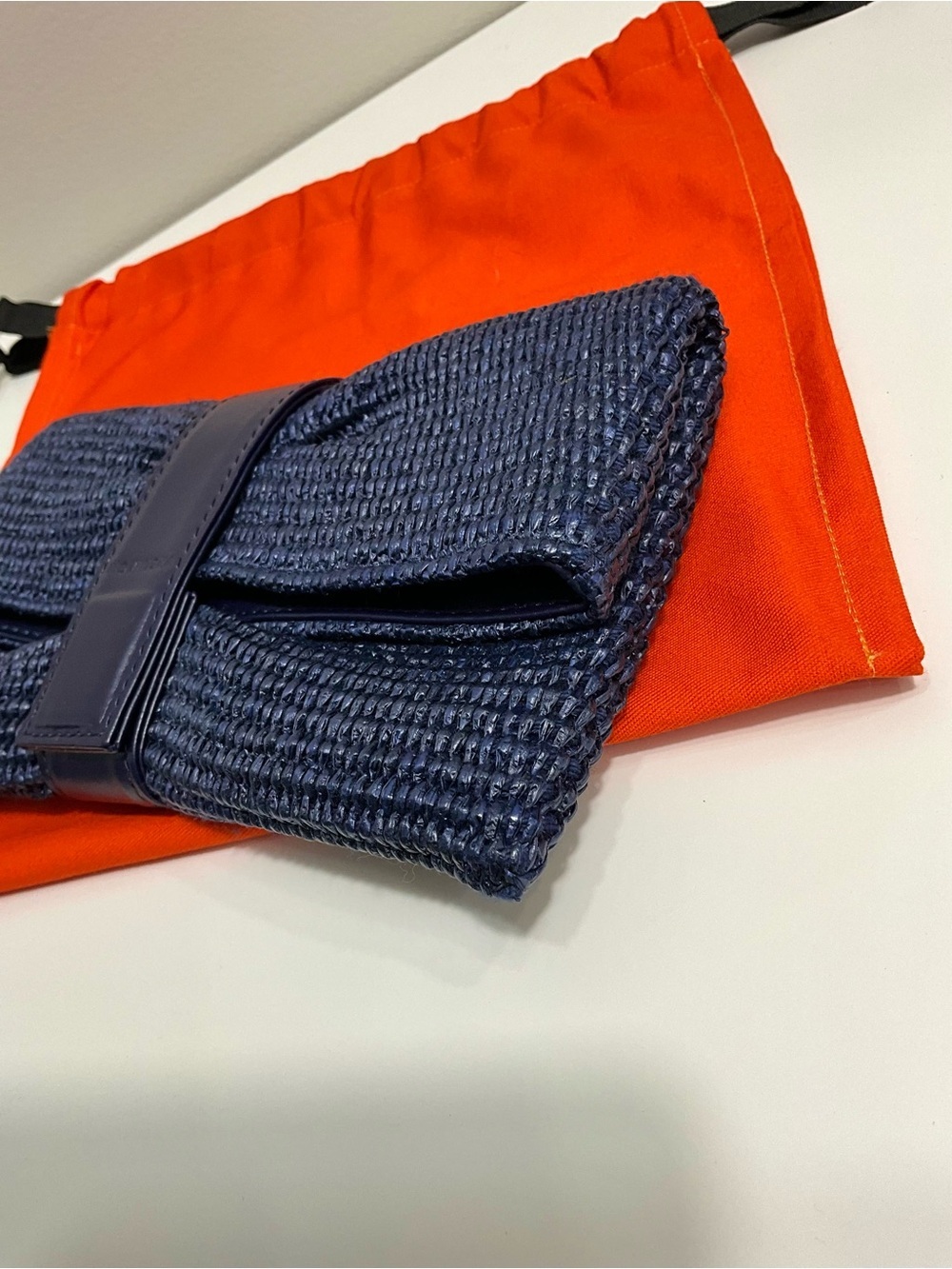 NOVINSKA Navy Blue Woven Foldover Raffia Clutch Bag Lamb Leather - Picture 4 of 8